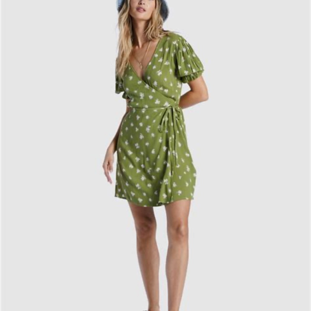 Billabong Olive Floral Chiquita Wrap Mini Dress